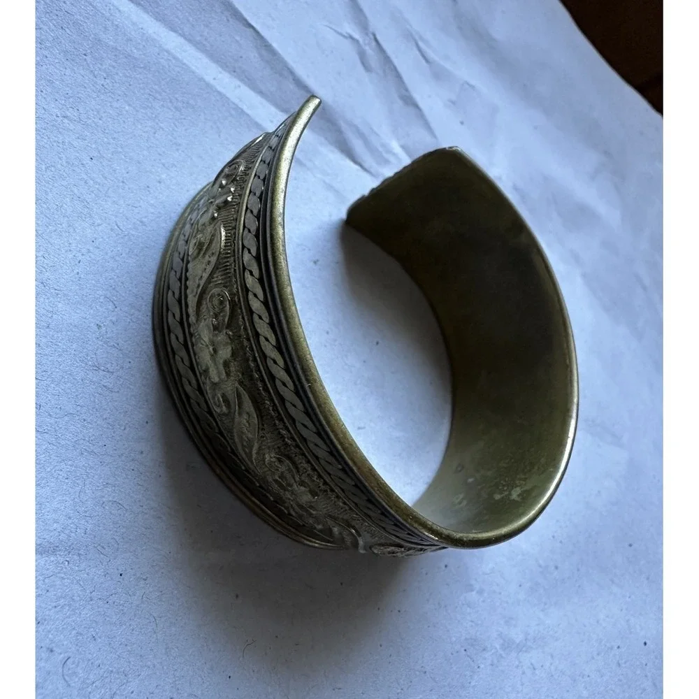 Vintage Brass Cuff  Bracelet bohemian or ethnic aesthetic embossed floral design
